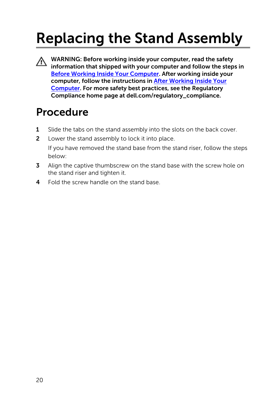 Replacing the stand assembly, Procedure | Dell Inspiron 23 (5348, Early 2014) User Manual | Page 20 / 112