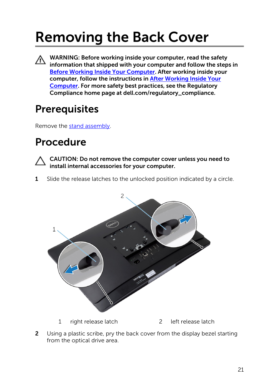Removing the back cover, Prerequisites, Procedure | Dell Inspiron 23 (5348, Early 2014) User Manual | Page 21 / 112