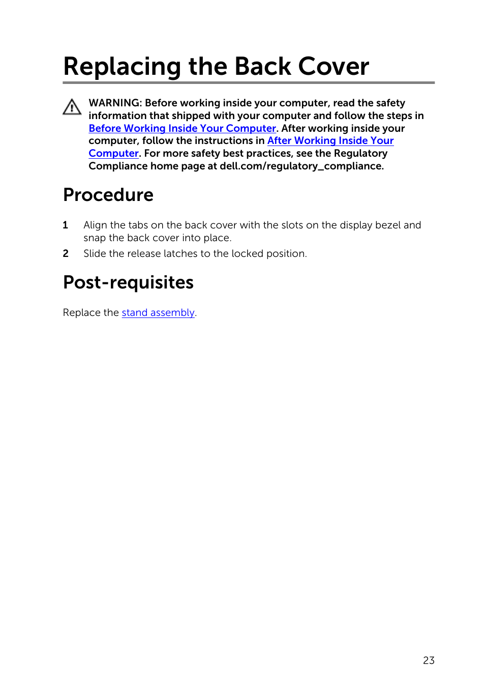 Replacing the back cover, Procedure, Post-requisites | Dell Inspiron 23 (5348, Early 2014) User Manual | Page 23 / 112