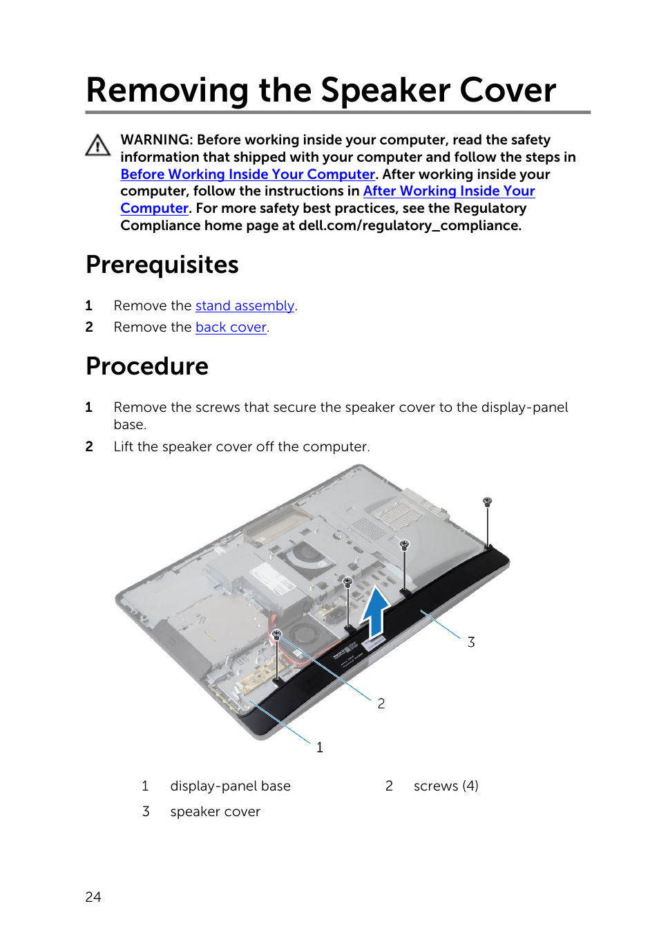 Removing the speaker cover, Prerequisites, Procedure | Dell Inspiron 23 (5348, Early 2014) User Manual | Page 24 / 112
