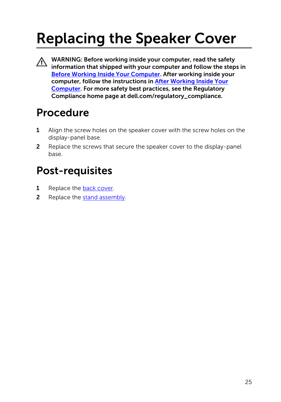 Replacing the speaker cover, Procedure, Post-requisites | Dell Inspiron 23 (5348, Early 2014) User Manual | Page 25 / 112