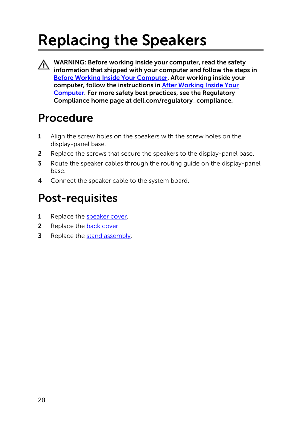 Replacing the speakers, Procedure, Post-requisites | Dell Inspiron 23 (5348, Early 2014) User Manual | Page 28 / 112