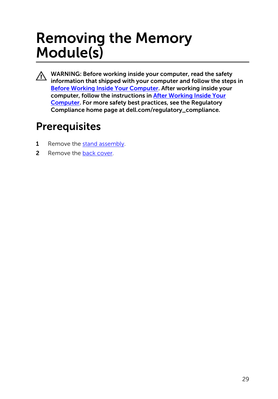 Removing the memory module(s), Prerequisites | Dell Inspiron 23 (5348, Early 2014) User Manual | Page 29 / 112