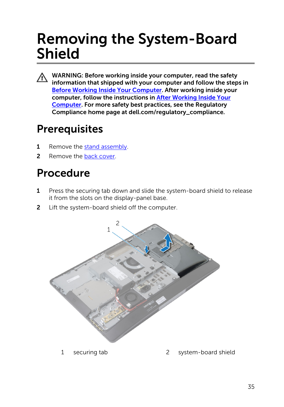 Removing the system-board shield, Prerequisites, Procedure | Dell Inspiron 23 (5348, Early 2014) User Manual | Page 35 / 112