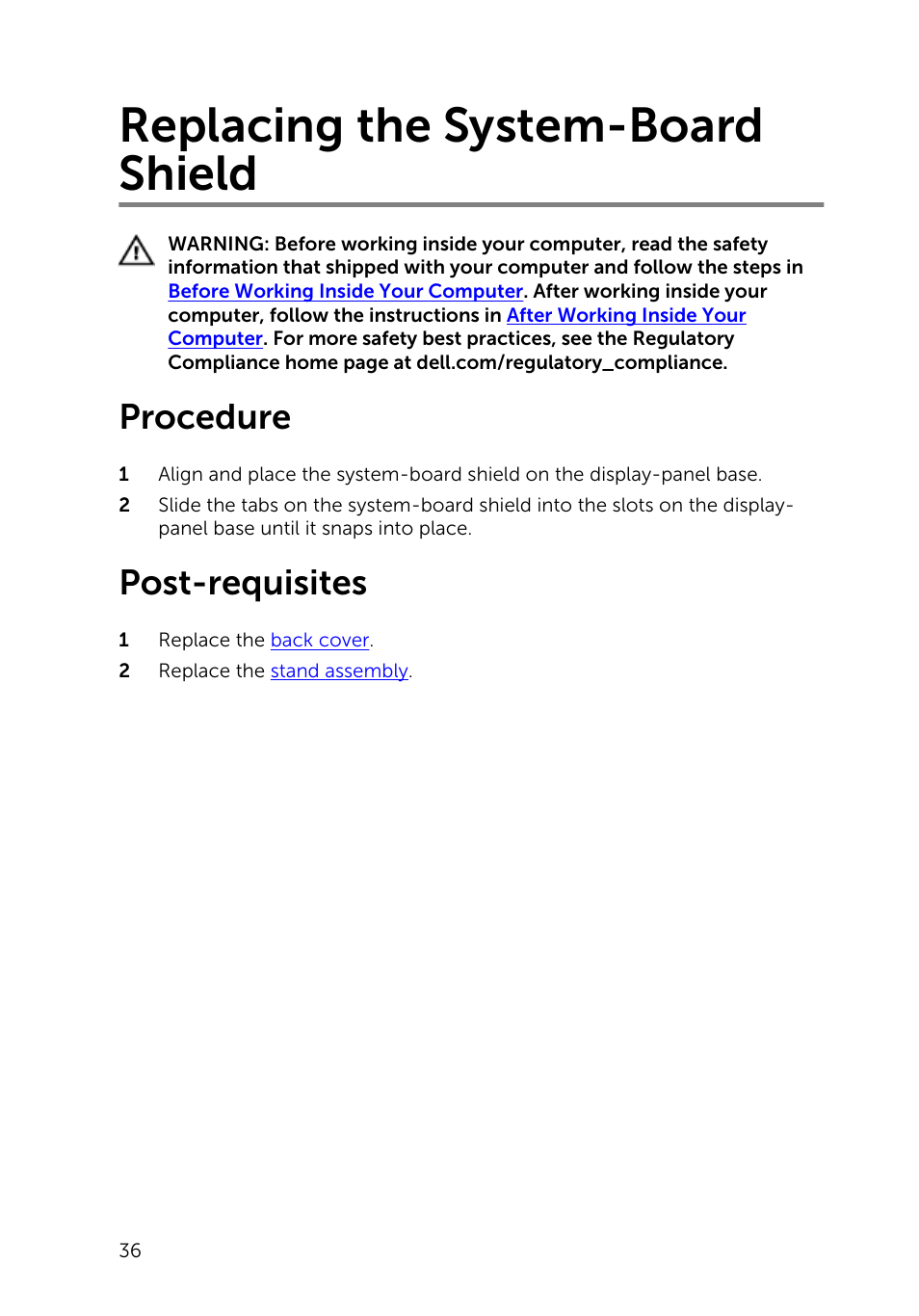 Replacing the system-board shield, Procedure, Post-requisites | Dell Inspiron 23 (5348, Early 2014) User Manual | Page 36 / 112