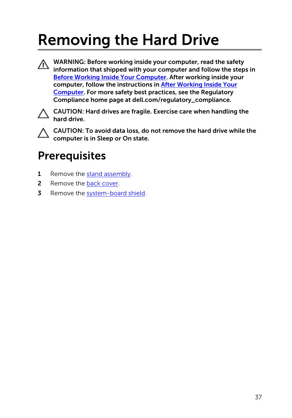 Removing the hard drive, Prerequisites | Dell Inspiron 23 (5348, Early 2014) User Manual | Page 37 / 112