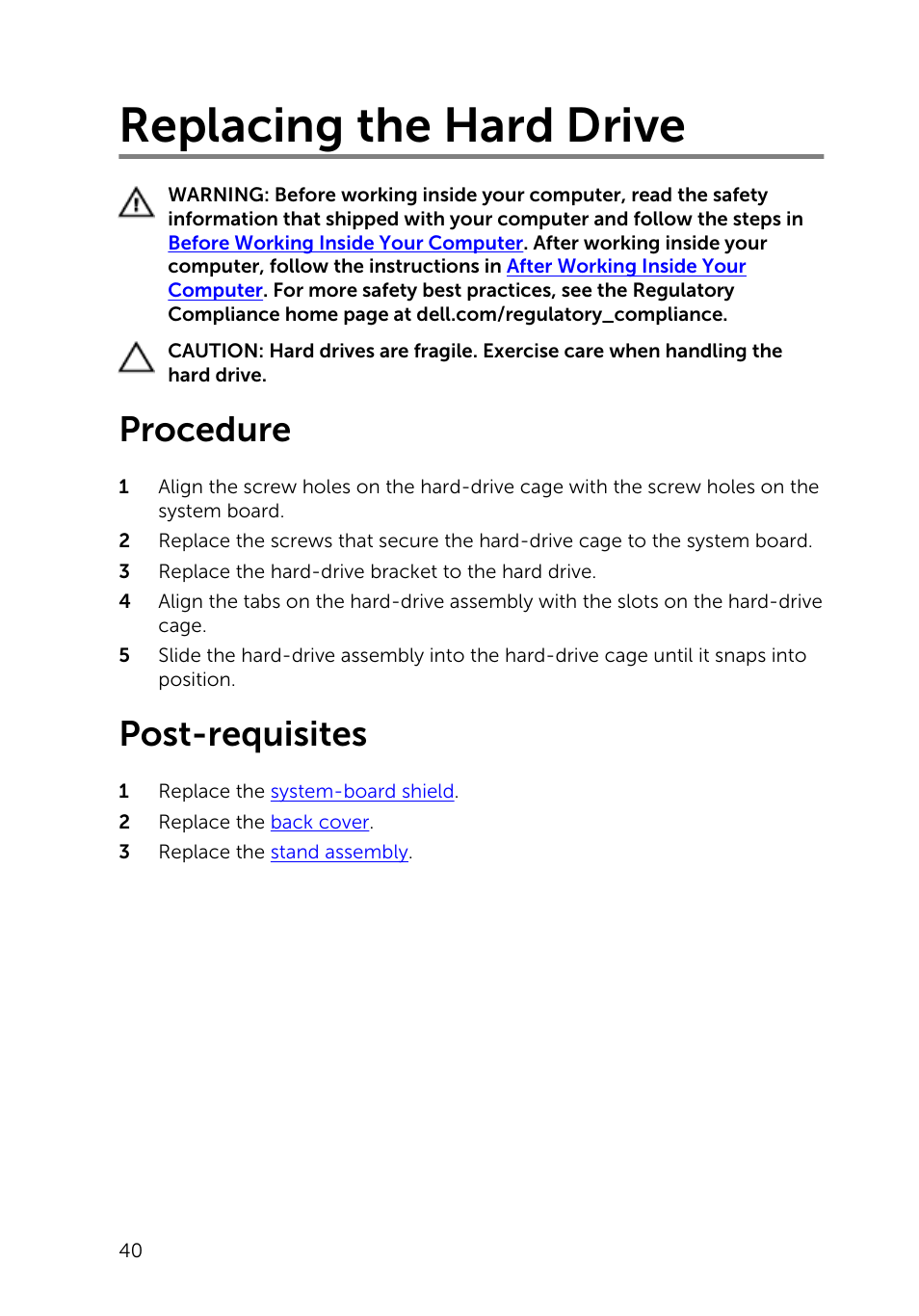 Replacing the hard drive, Procedure, Post-requisites | Dell Inspiron 23 (5348, Early 2014) User Manual | Page 40 / 112