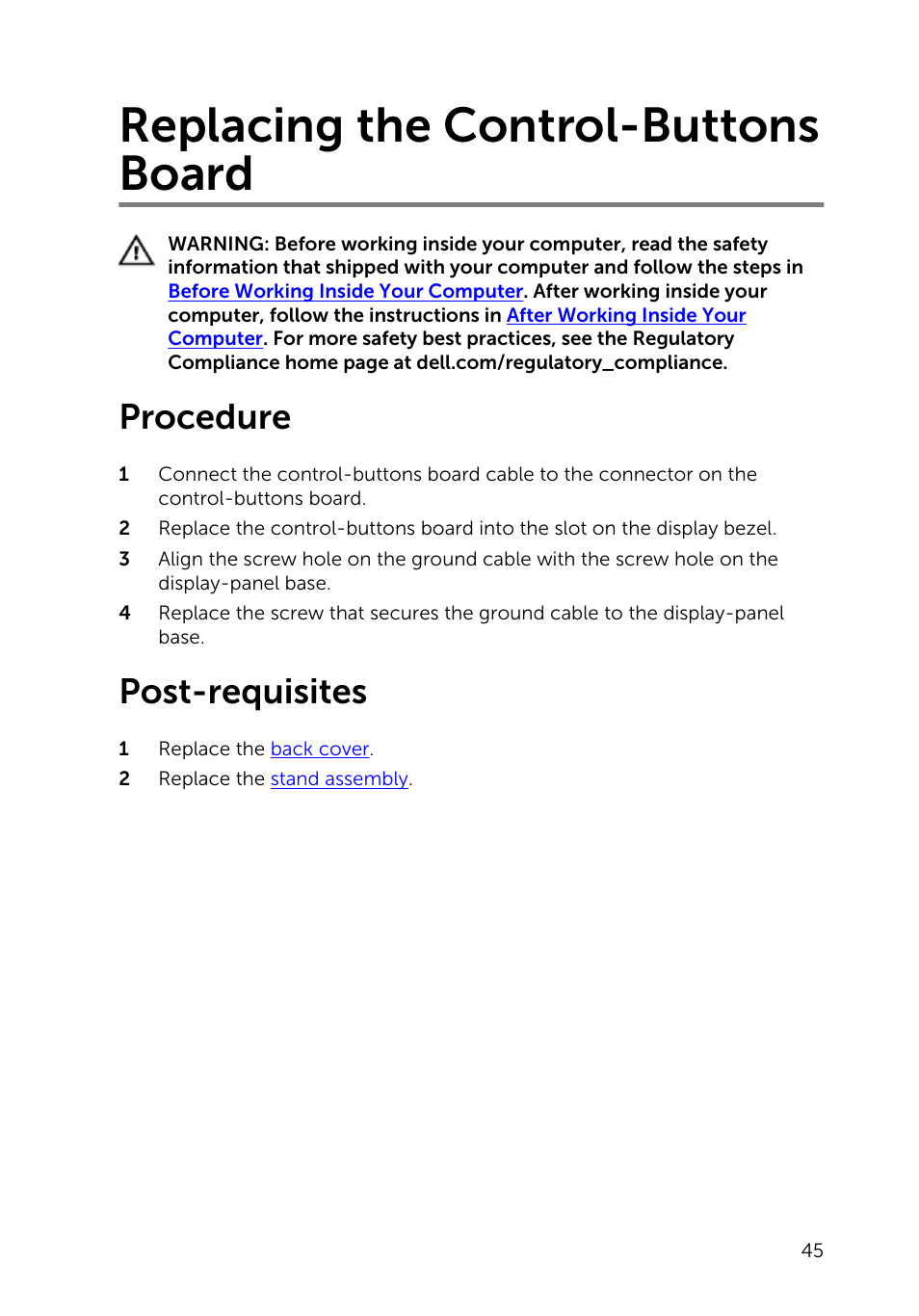 Replacing the control-buttons board, Procedure, Post-requisites | Dell Inspiron 23 (5348, Early 2014) User Manual | Page 45 / 112