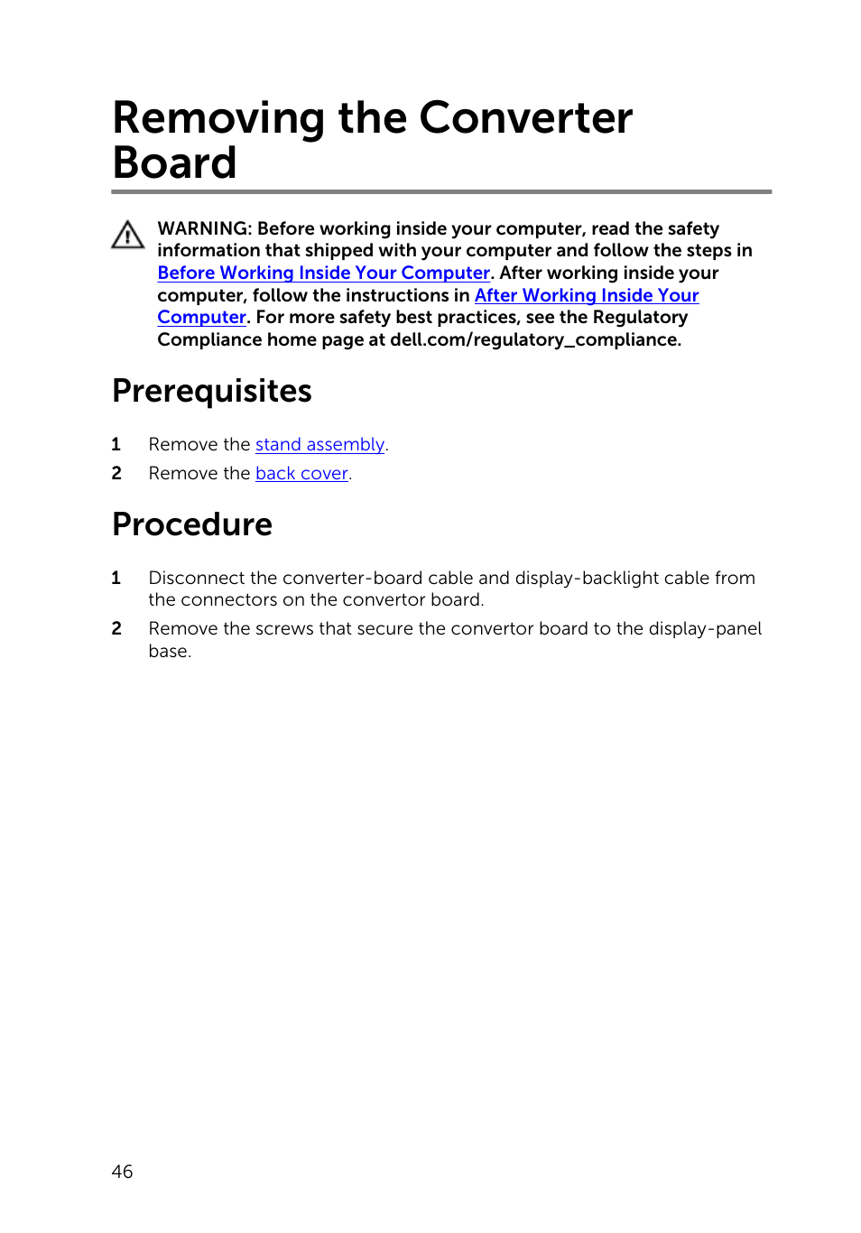 Removing the converter board, Prerequisites, Procedure | Dell Inspiron 23 (5348, Early 2014) User Manual | Page 46 / 112