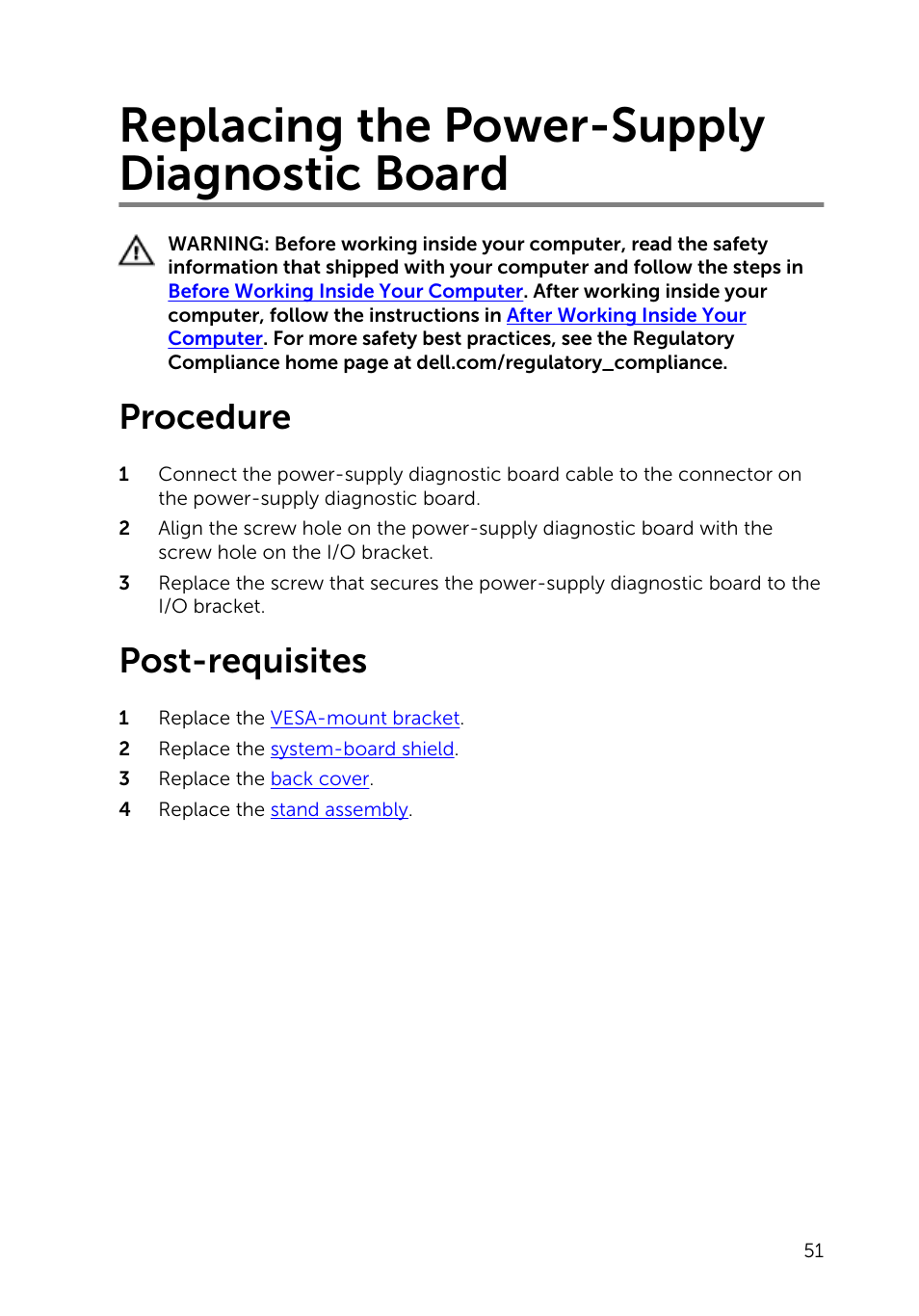 Replacing the power-supply diagnostic board, Procedure, Post-requisites | Dell Inspiron 23 (5348, Early 2014) User Manual | Page 51 / 112