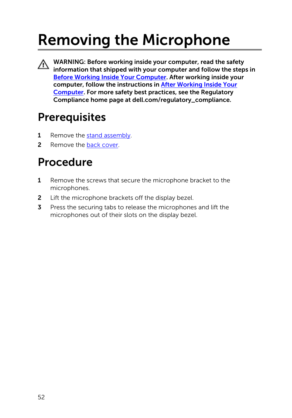 Removing the microphone, Prerequisites, Procedure | Dell Inspiron 23 (5348, Early 2014) User Manual | Page 52 / 112