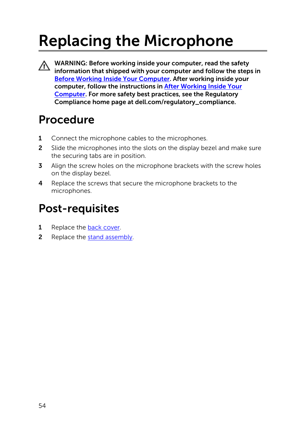 Replacing the microphone, Procedure, Post-requisites | Dell Inspiron 23 (5348, Early 2014) User Manual | Page 54 / 112