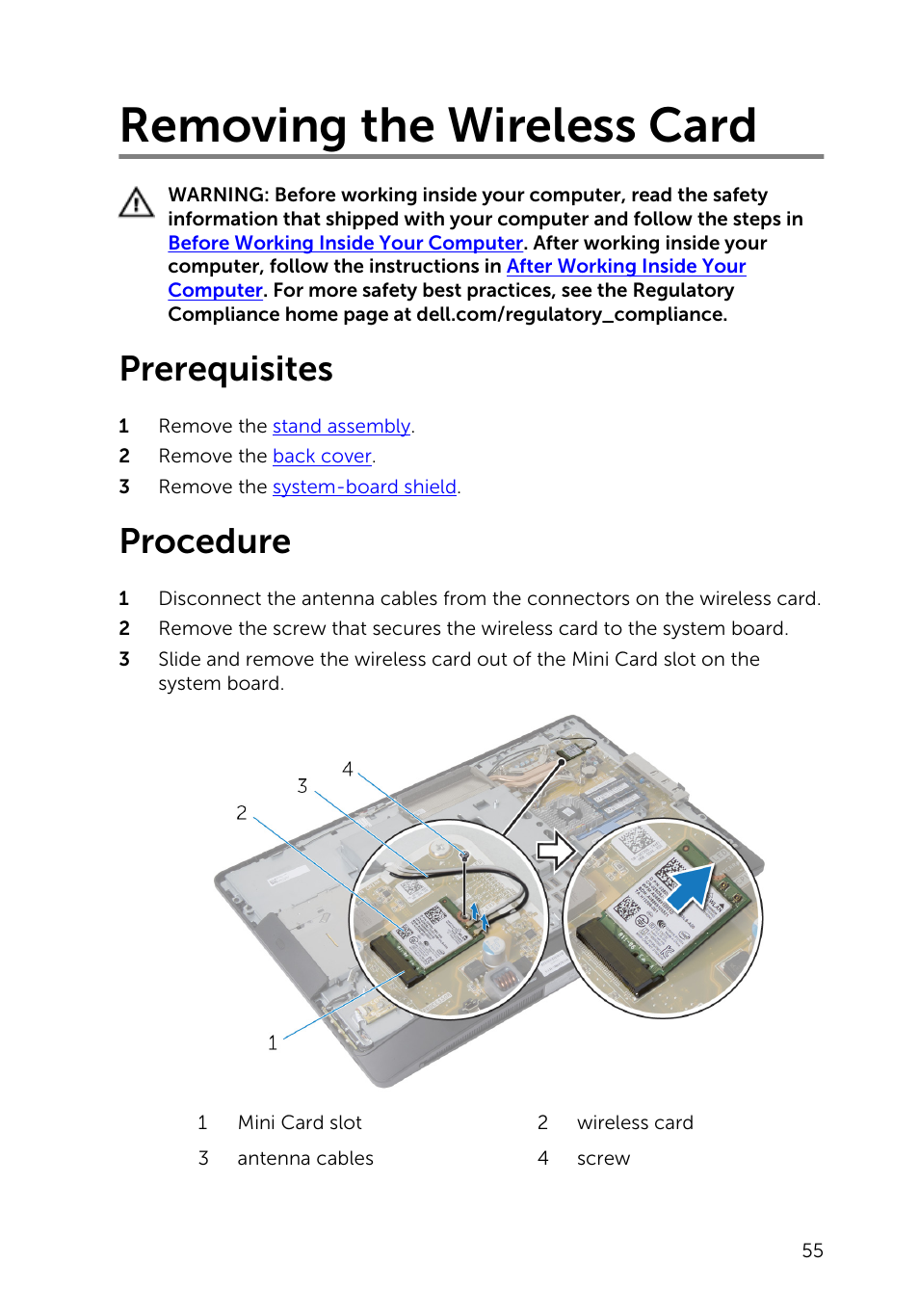 Removing the wireless card, Prerequisites, Procedure | Dell Inspiron 23 (5348, Early 2014) User Manual | Page 55 / 112