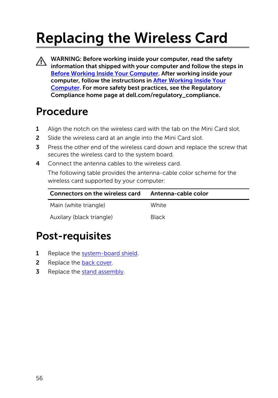 Replacing the wireless card, Procedure, Post-requisites | Dell Inspiron 23 (5348, Early 2014) User Manual | Page 56 / 112