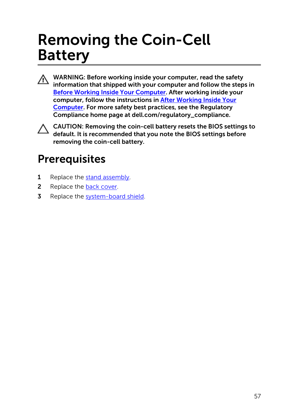 Removing the coin-cell battery, Prerequisites | Dell Inspiron 23 (5348, Early 2014) User Manual | Page 57 / 112