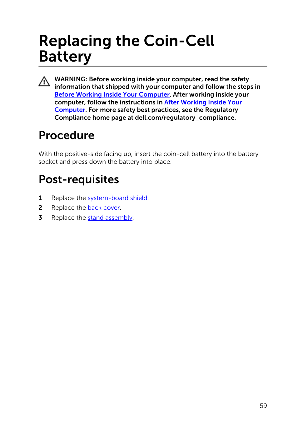 Replacing the coin-cell battery, Procedure, Post-requisites | Dell Inspiron 23 (5348, Early 2014) User Manual | Page 59 / 112