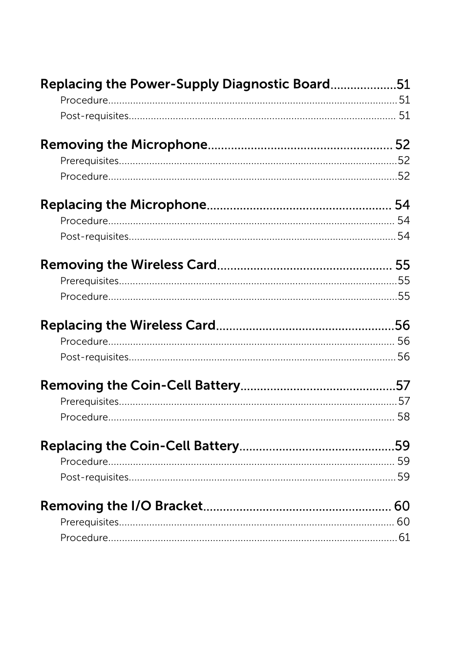 Replacing the power-supply diagnostic board, Removing the microphone, Replacing the microphone | Removing the wireless card, Replacing the wireless card, Removing the coin-cell battery, Replacing the coin-cell battery, Removing the i/o bracket | Dell Inspiron 23 (5348, Early 2014) User Manual | Page 6 / 112