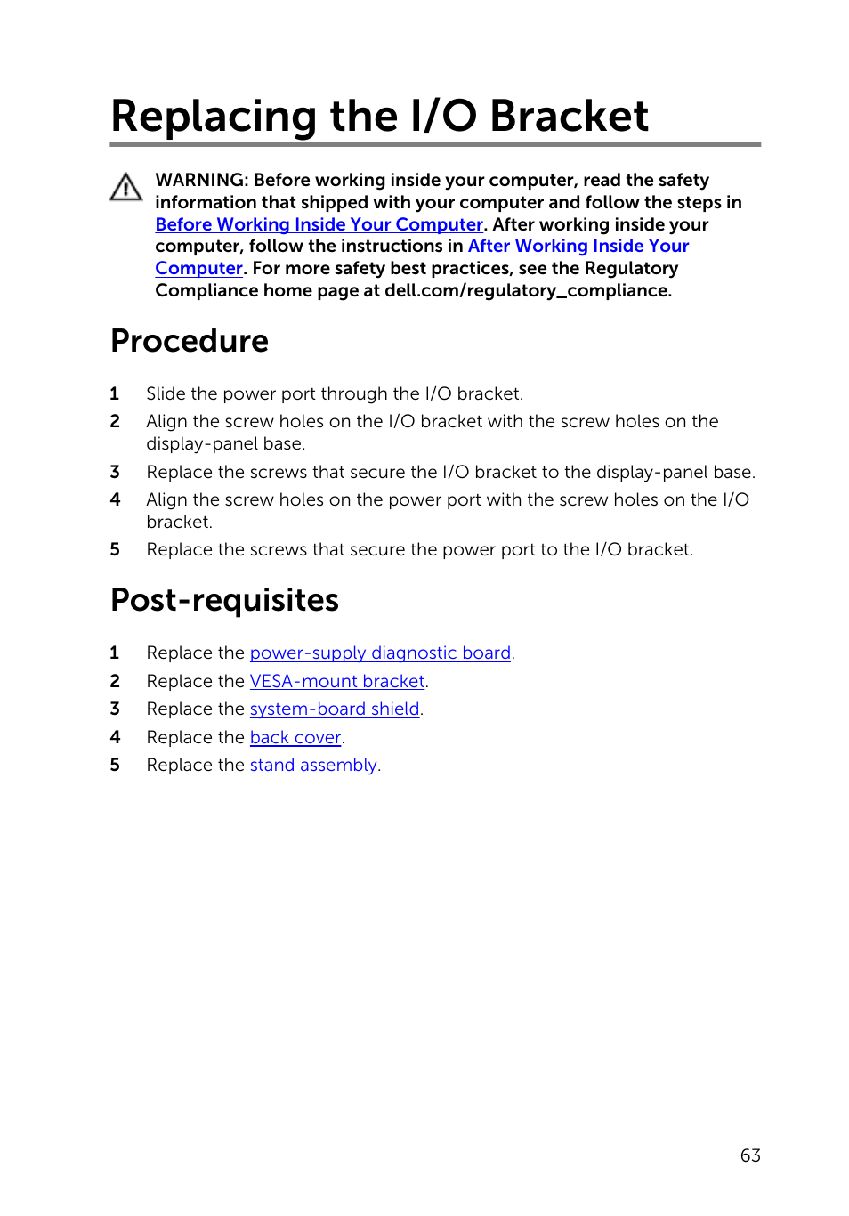 Replacing the i/o bracket, Procedure, Post-requisites | Dell Inspiron 23 (5348, Early 2014) User Manual | Page 63 / 112