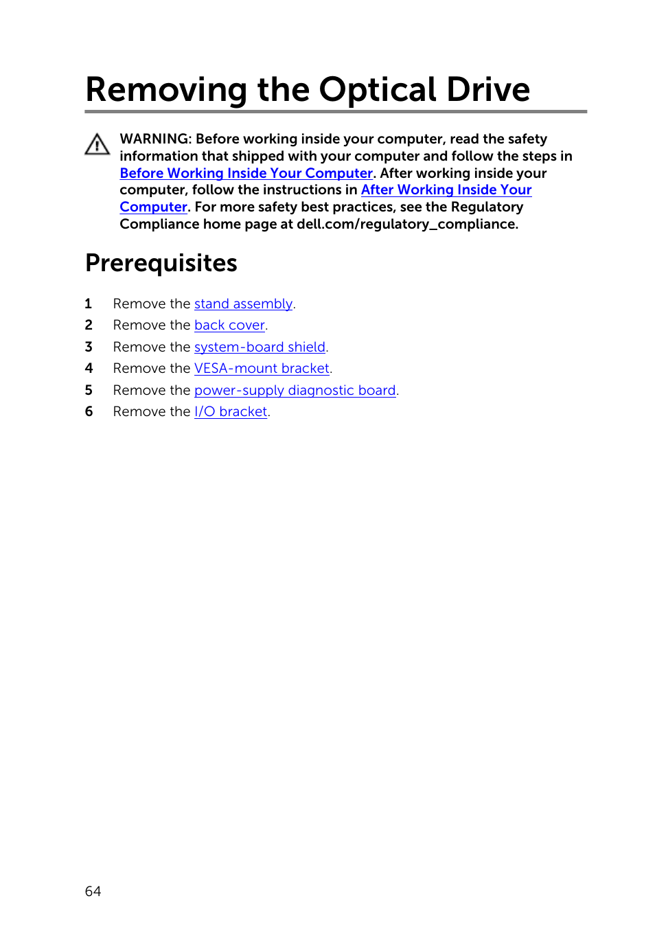Removing the optical drive, Prerequisites | Dell Inspiron 23 (5348, Early 2014) User Manual | Page 64 / 112