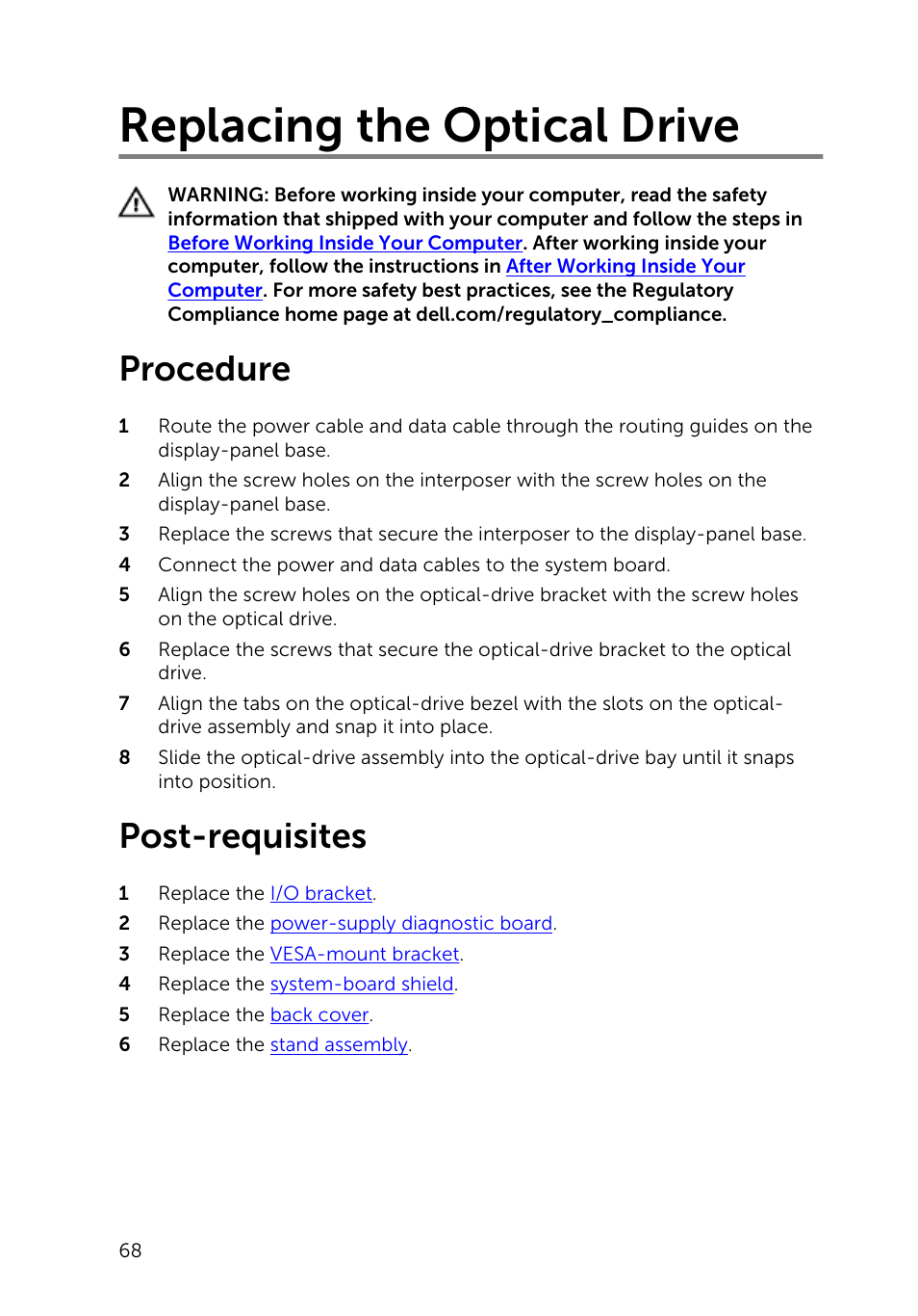 Replacing the optical drive, Procedure, Post-requisites | Dell Inspiron 23 (5348, Early 2014) User Manual | Page 68 / 112