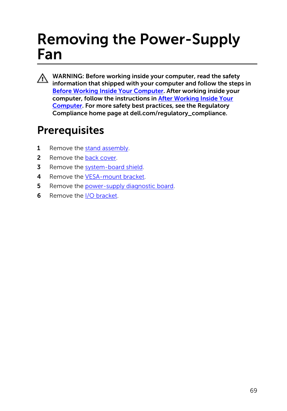 Removing the power-supply fan, Prerequisites | Dell Inspiron 23 (5348, Early 2014) User Manual | Page 69 / 112