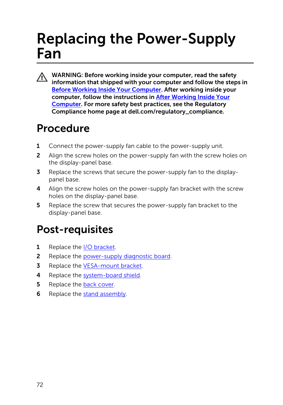Replacing the power-supply fan, Procedure, Post-requisites | Dell Inspiron 23 (5348, Early 2014) User Manual | Page 72 / 112