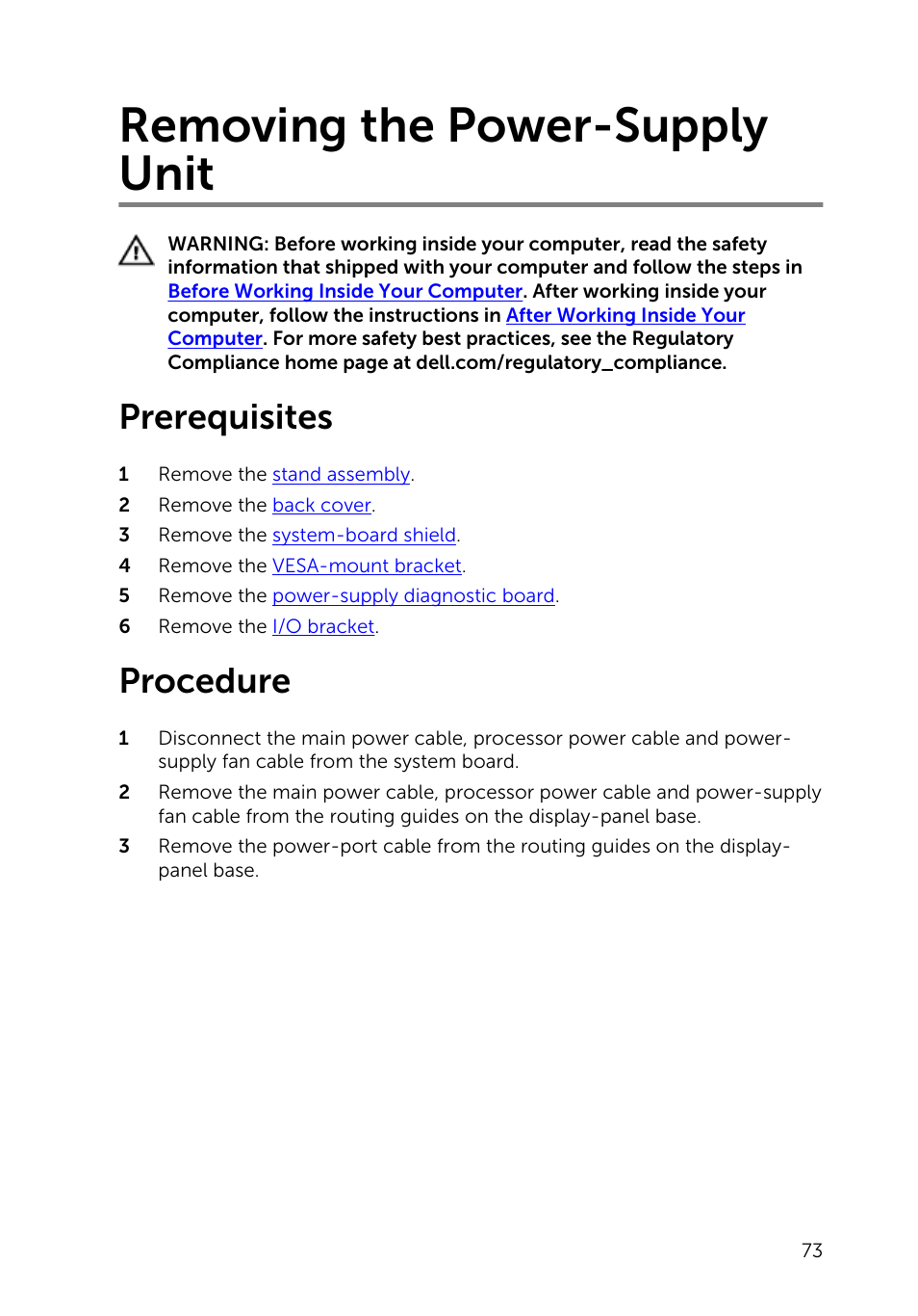 Removing the power-supply unit, Prerequisites, Procedure | Dell Inspiron 23 (5348, Early 2014) User Manual | Page 73 / 112