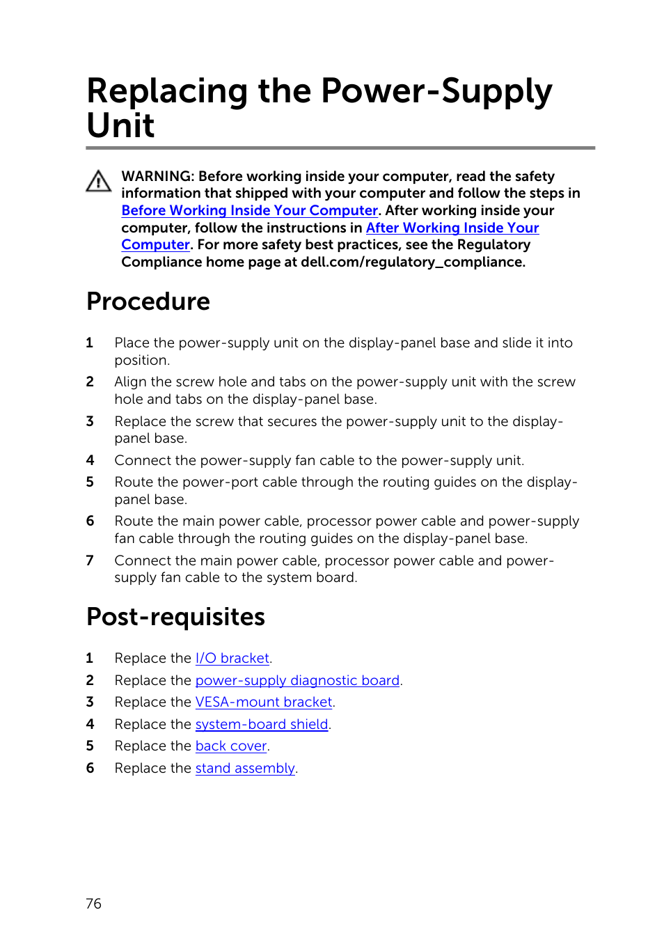 Replacing the power-supply unit, Procedure, Post-requisites | Dell Inspiron 23 (5348, Early 2014) User Manual | Page 76 / 112