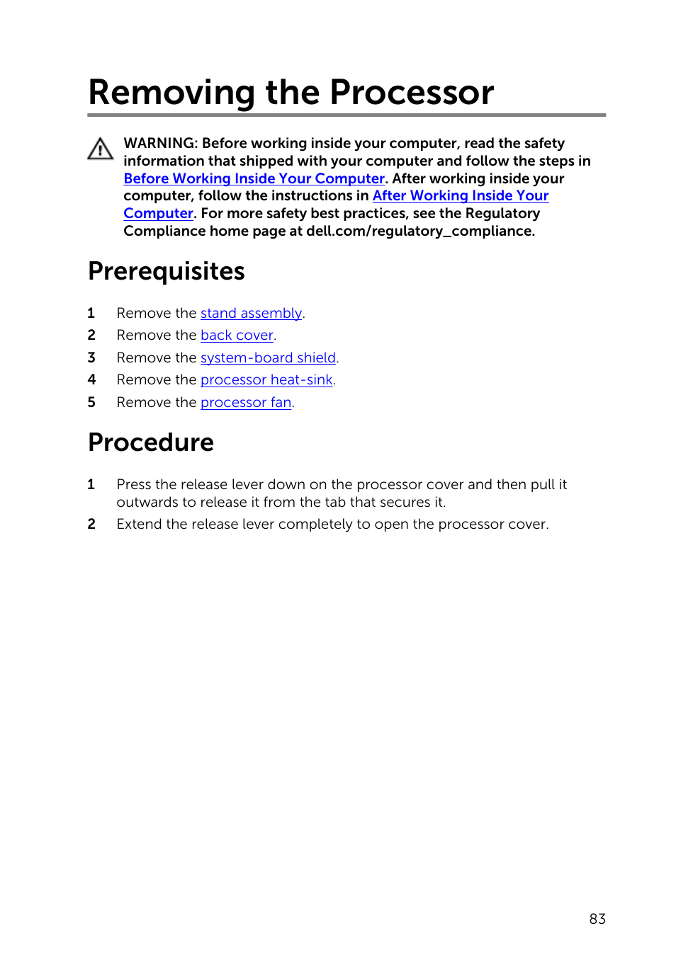 Removing the processor, Prerequisites, Procedure | Dell Inspiron 23 (5348, Early 2014) User Manual | Page 83 / 112