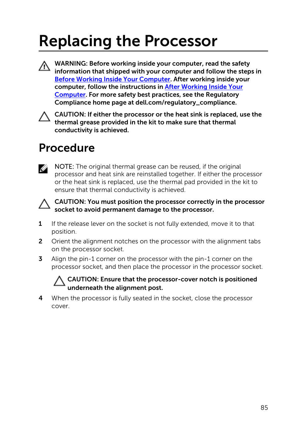 Replacing the processor, Procedure | Dell Inspiron 23 (5348, Early 2014) User Manual | Page 85 / 112