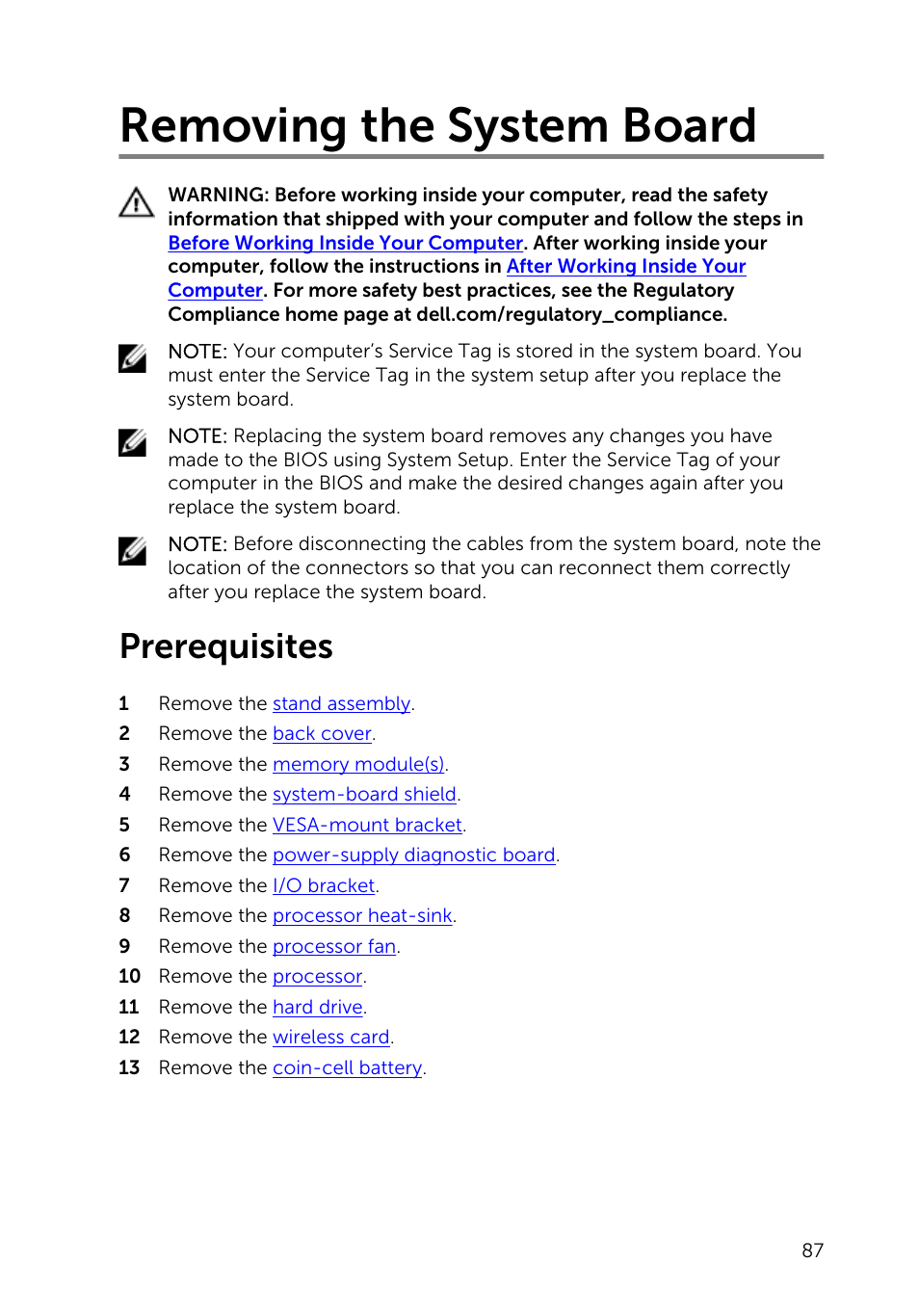 Removing the system board, Prerequisites | Dell Inspiron 23 (5348, Early 2014) User Manual | Page 87 / 112