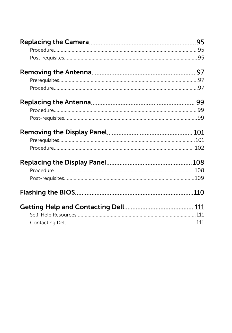 Replacing the camera, Removing the antenna, Replacing the antenna | Removing the display panel, Replacing the display panel, Flashing the bios getting help and contacting dell | Dell Inspiron 23 (5348, Early 2014) User Manual | Page 9 / 112