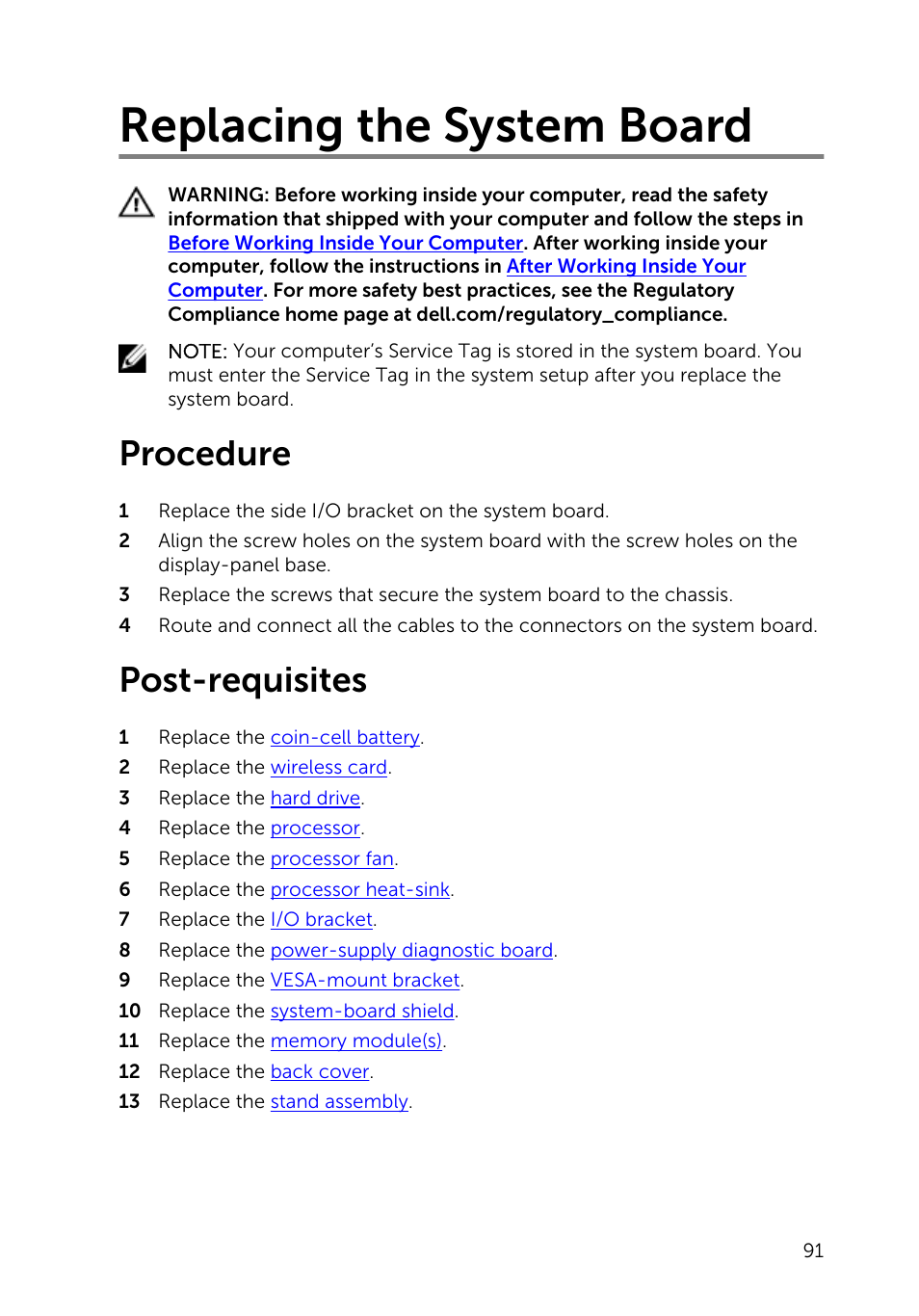 Replacing the system board, Procedure, Post-requisites | Dell Inspiron 23 (5348, Early 2014) User Manual | Page 91 / 112