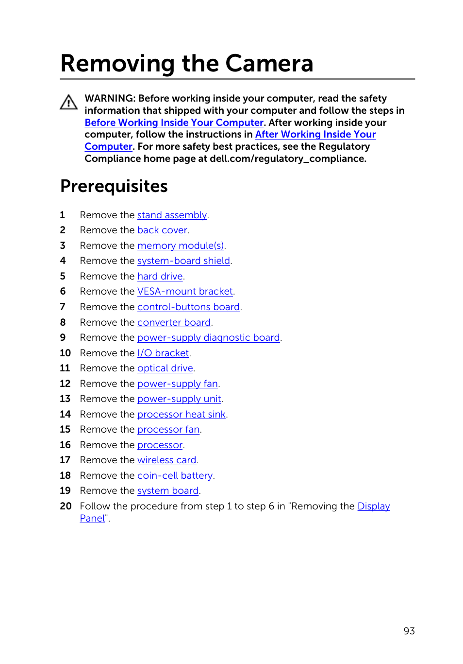 Removing the camera, Prerequisites | Dell Inspiron 23 (5348, Early 2014) User Manual | Page 93 / 112