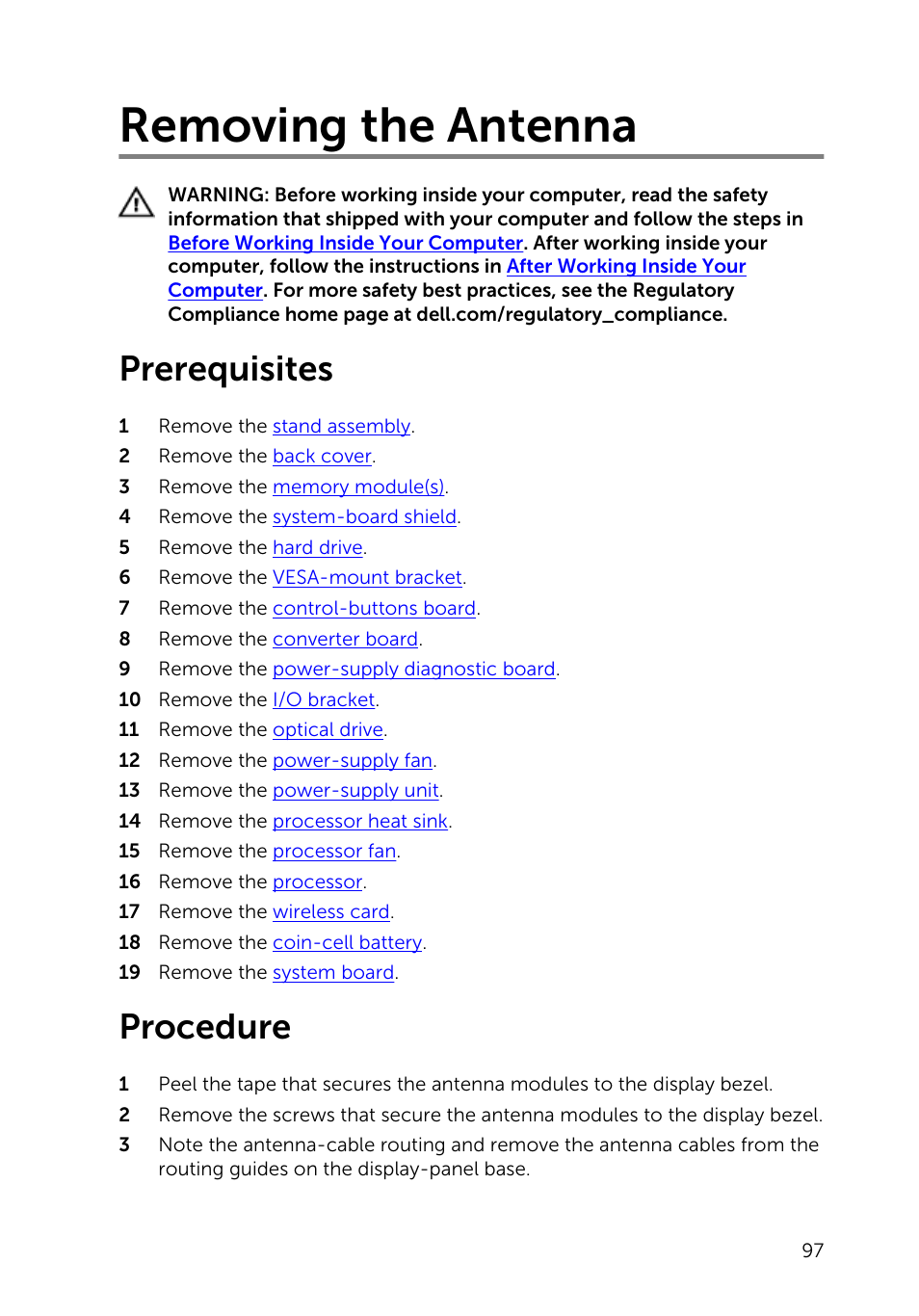 Removing the antenna, Prerequisites, Procedure | Dell Inspiron 23 (5348, Early 2014) User Manual | Page 97 / 112