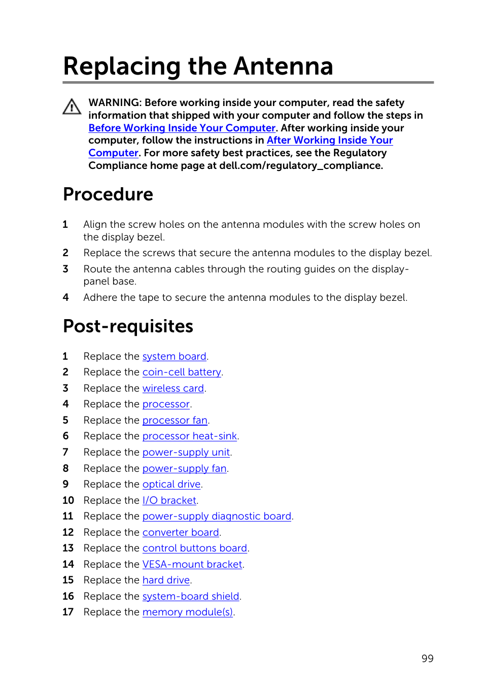 Replacing the antenna, Procedure, Post-requisites | Dell Inspiron 23 (5348, Early 2014) User Manual | Page 99 / 112