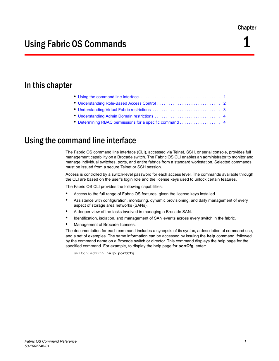 Using fabric os commands, In this chapter, Using the command line interface | Chapter 1, Chapter 1, “using fabric os commands | Dell POWEREDGE M1000E User Manual | Page 29 / 1168