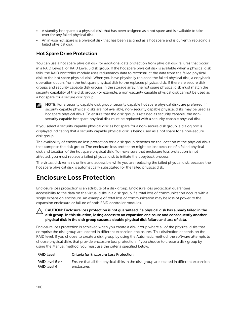 Hot spare drive protection, Enclosure loss protection | Dell PowerVault MD3820f User Manual | Page 100 / 243