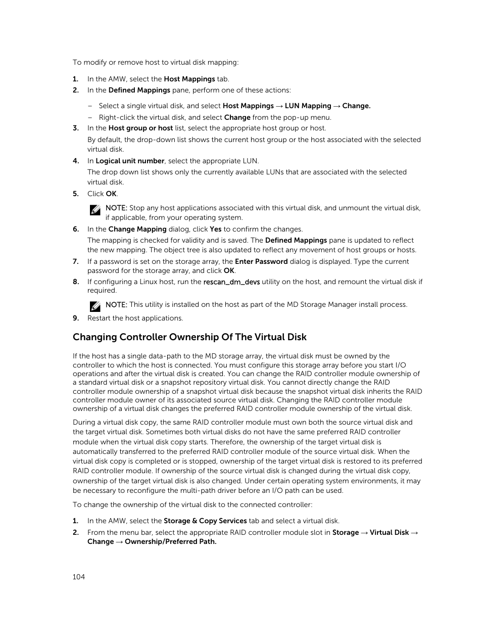 Changing controller ownership of the virtual disk | Dell PowerVault MD3820f User Manual | Page 104 / 243