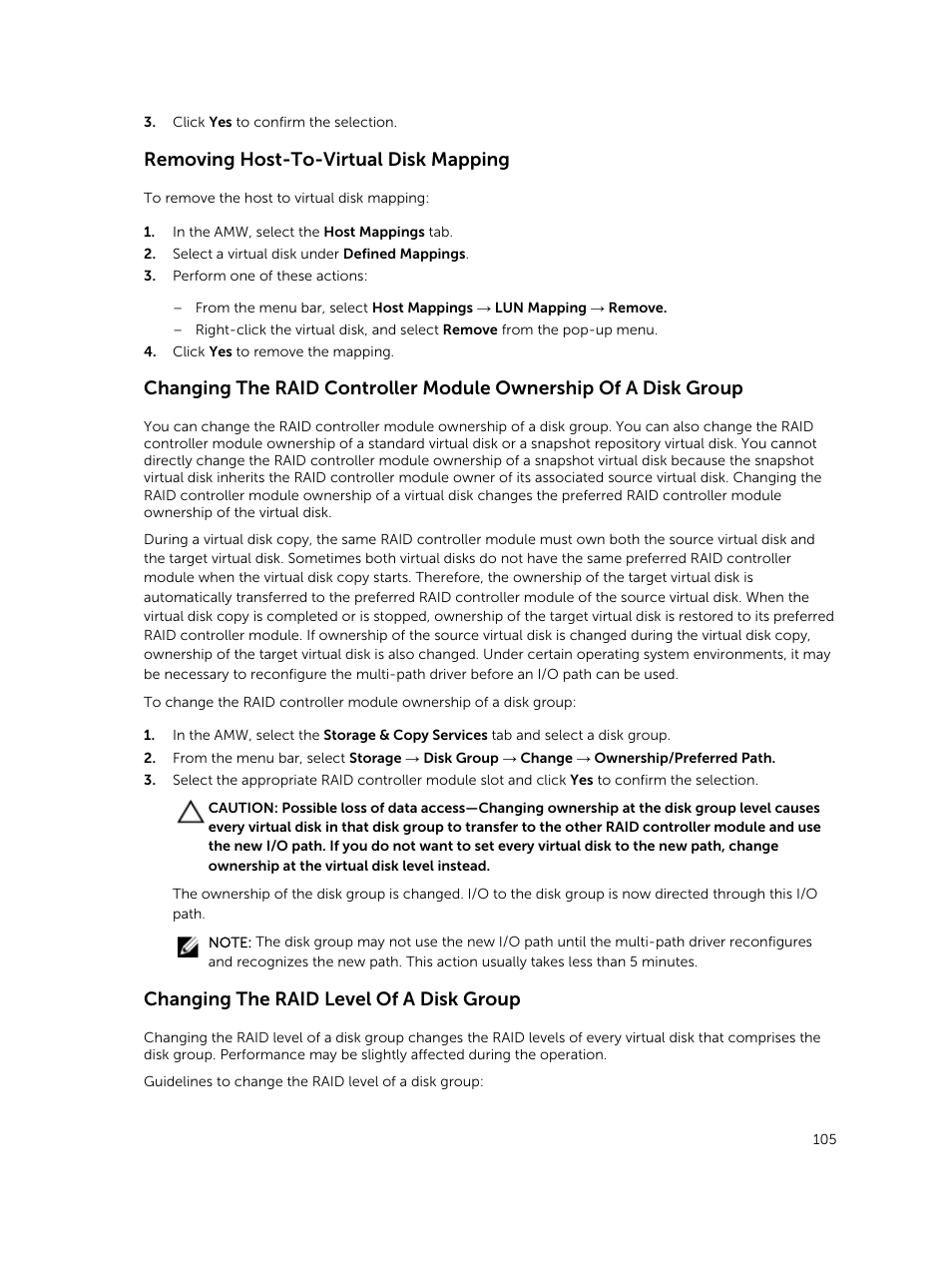 Removing host-to-virtual disk mapping, Changing the raid level of a disk group | Dell PowerVault MD3820f User Manual | Page 105 / 243