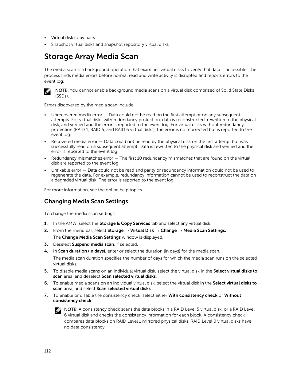 Storage array media scan, Changing media scan settings | Dell PowerVault MD3820f User Manual | Page 112 / 243