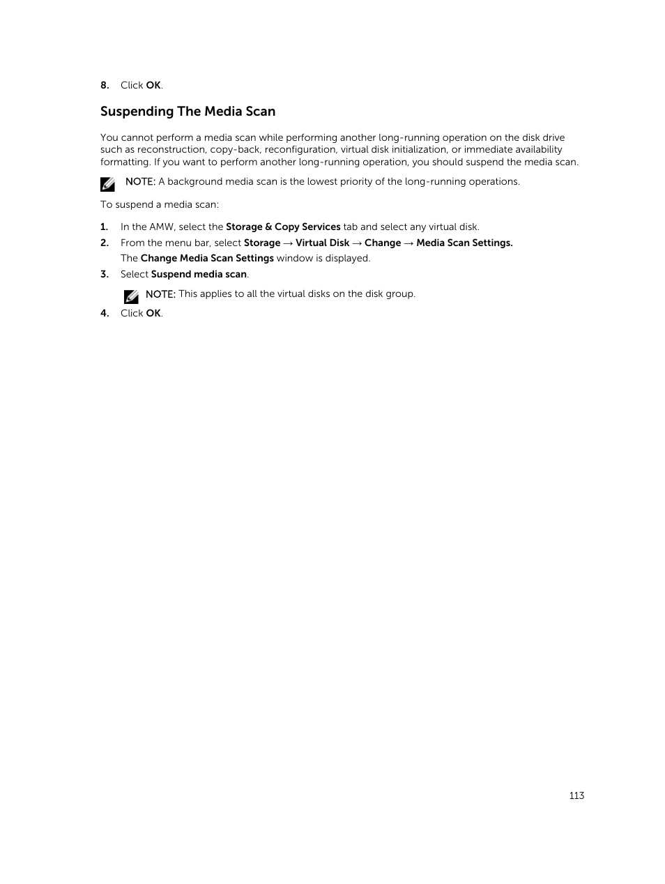 Suspending the media scan | Dell PowerVault MD3820f User Manual | Page 113 / 243