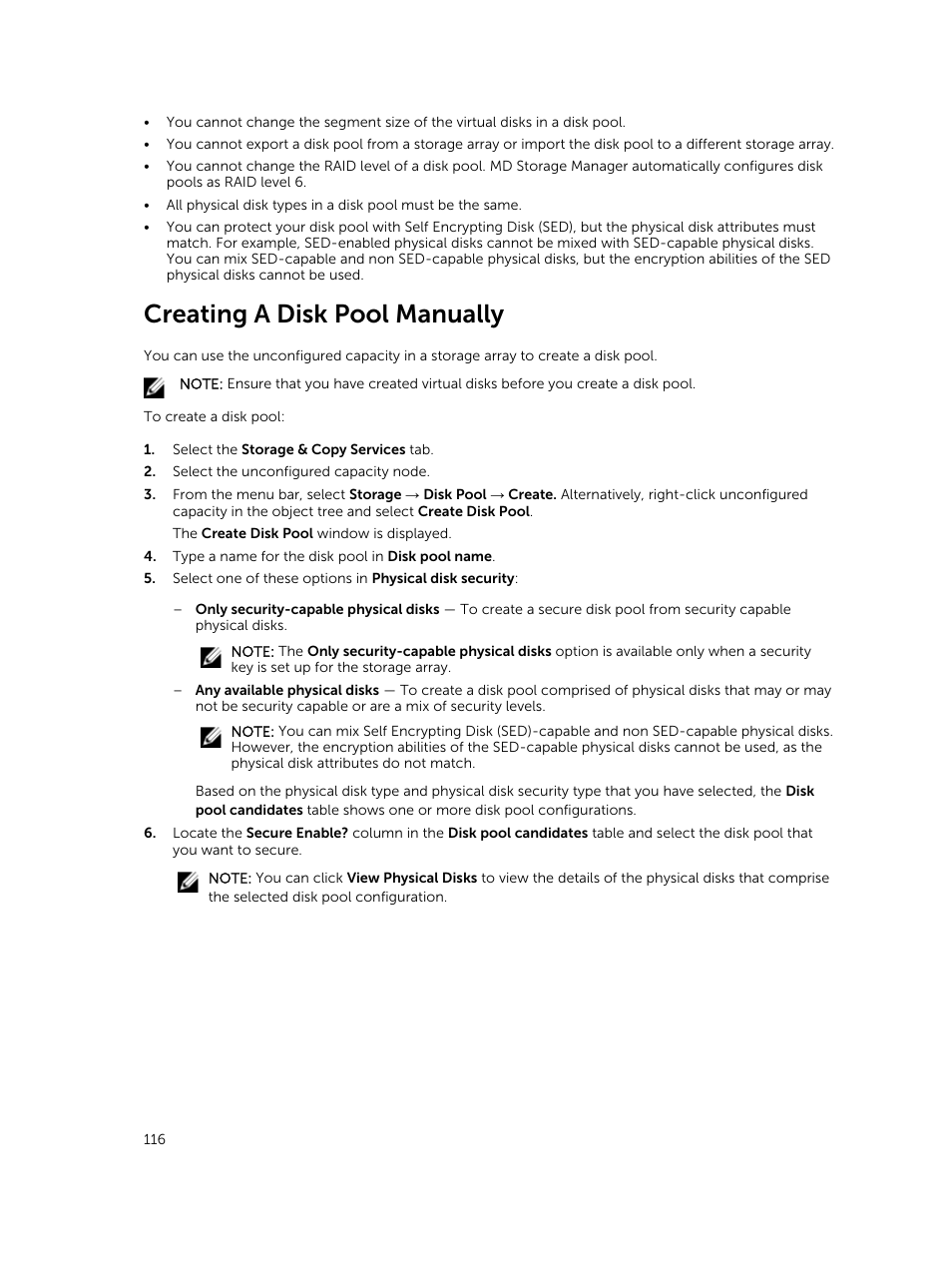 Creating a disk pool manually | Dell PowerVault MD3820f User Manual | Page 116 / 243