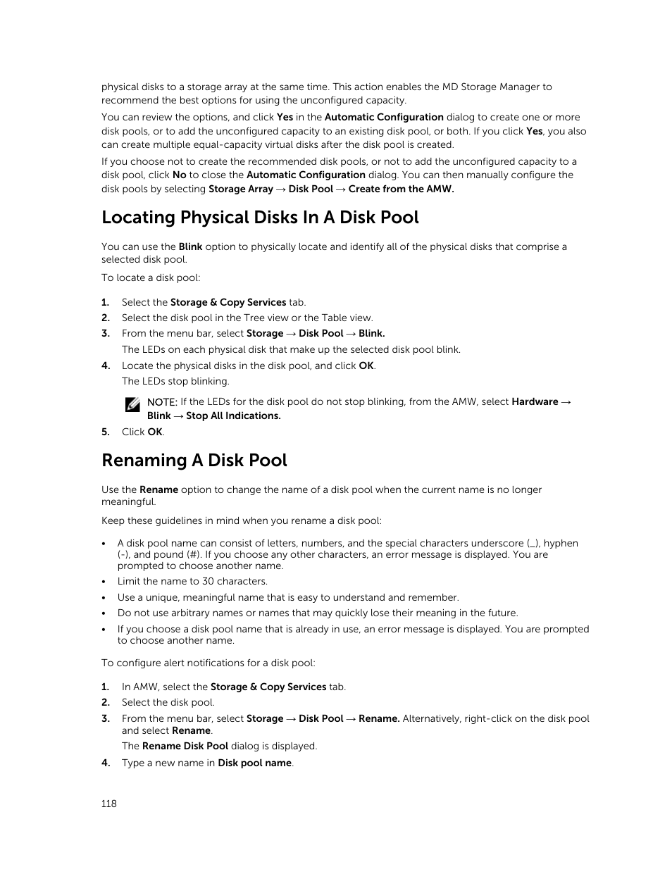 Locating physical disks in a disk pool, Renaming a disk pool | Dell PowerVault MD3820f User Manual | Page 118 / 243