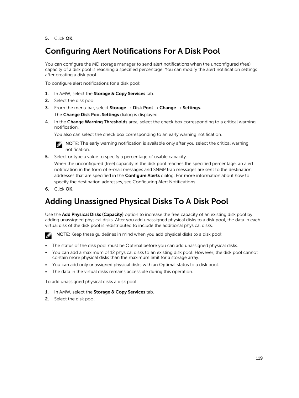 Configuring alert notifications for a disk pool, Adding unassigned physical disks to a disk pool | Dell PowerVault MD3820f User Manual | Page 119 / 243
