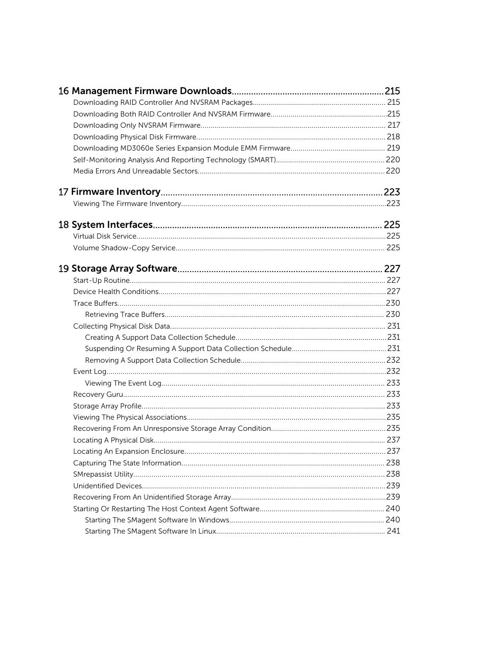 16 management firmware downloads, 17 firmware inventory, 18 system interfaces | 19 storage array software | Dell PowerVault MD3820f User Manual | Page 12 / 243