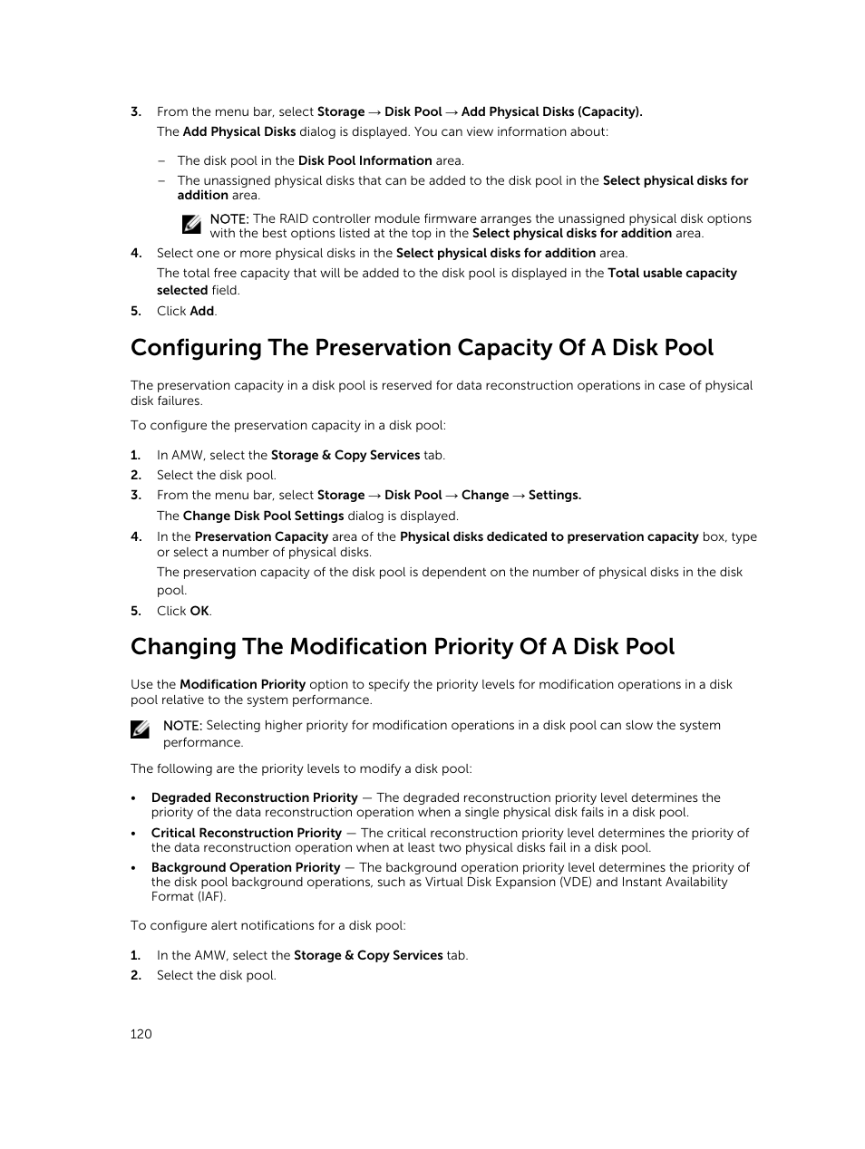 Changing the modification priority of a disk pool | Dell PowerVault MD3820f User Manual | Page 120 / 243