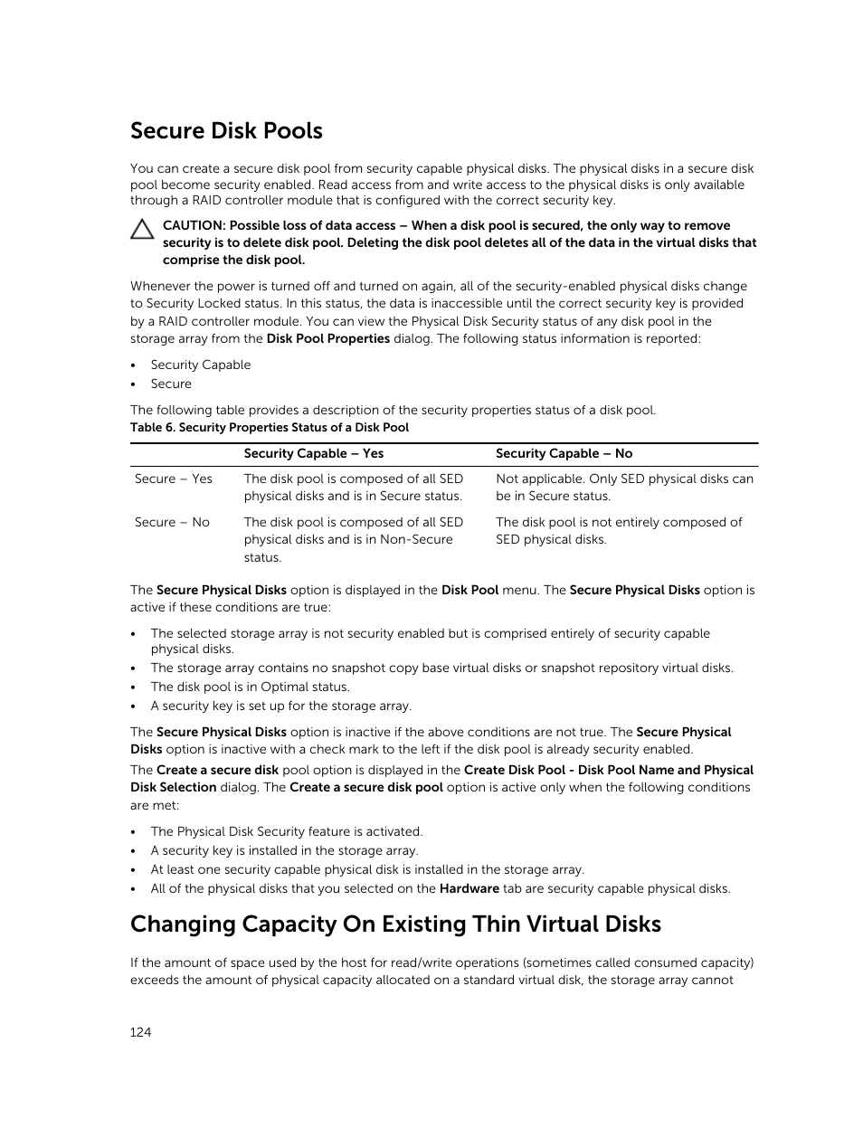 Secure disk pools, Changing capacity on existing thin virtual disks | Dell PowerVault MD3820f User Manual | Page 124 / 243