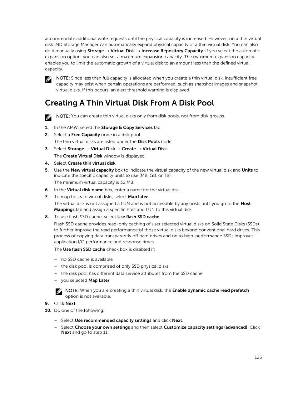 Creating a thin virtual disk from a disk pool | Dell PowerVault MD3820f User Manual | Page 125 / 243