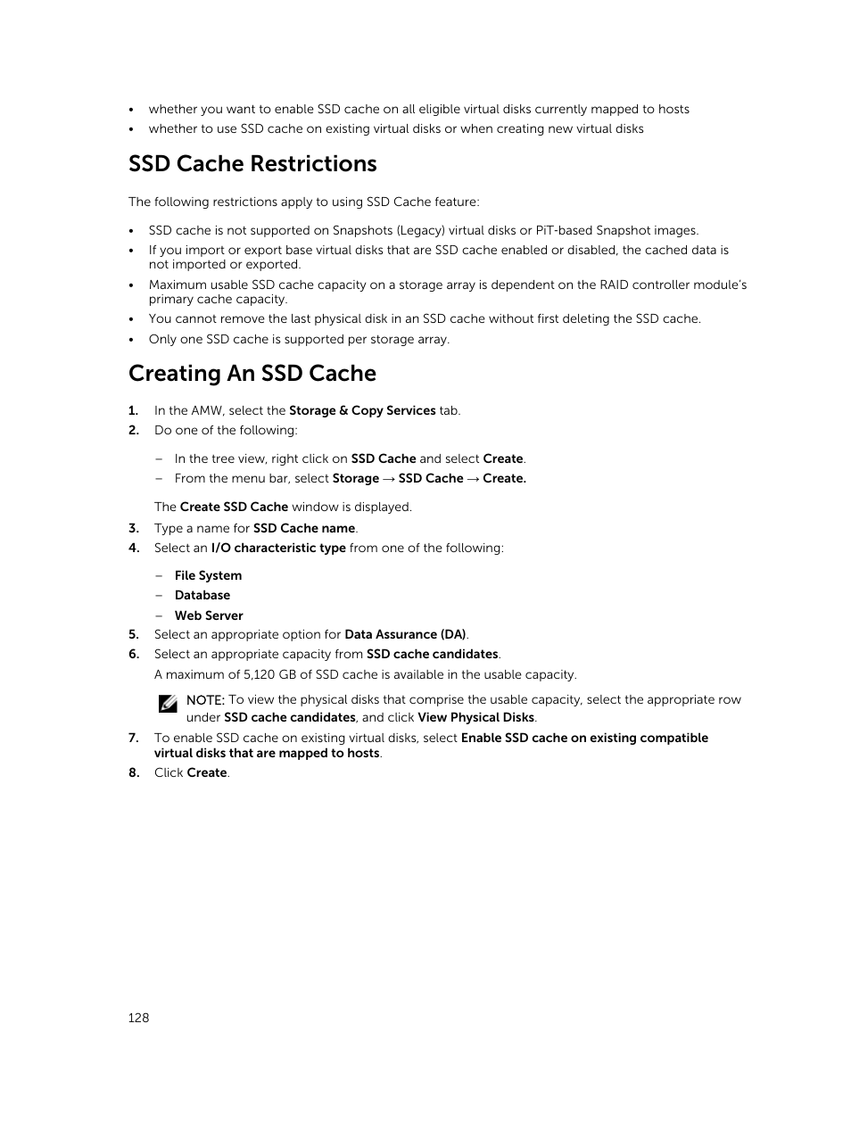 Ssd cache restrictions, Creating an ssd cache | Dell PowerVault MD3820f User Manual | Page 128 / 243